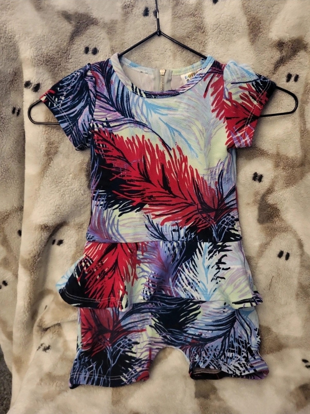 Dot Dot Smile Girls Feather Print Romper - Red, Blue & Purple